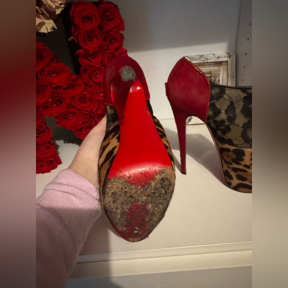 Christian Louboutin Leopard Print/Red Pony Hair and Black Lace Aeronotoc Booties - Picture 5 of 12